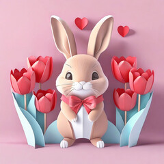 Bunny rabbit in cartoon style and red paper tulips on pink background. Easter or Valentine card.