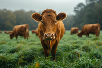 Brown cow standing in field - obrazy, fototapety, plakaty