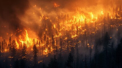 Wildfire spreading through a forest, emphasizing the intense heat, flames, and the impact on wildlife and vegetation, natural disaster.