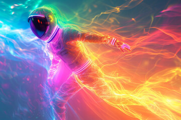 Astronaut in Vibrant Outer Space.
A colourful astronaut floating in vibrant, abstract cosmic energy flows.