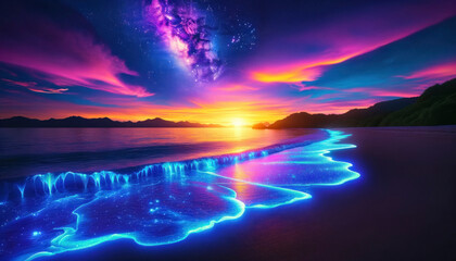 Fototapeta na wymiar Bioluminescent Waves on Sunset Beach with Galaxy View