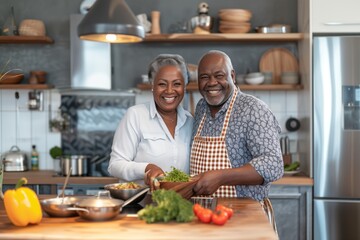 Senior happy smiling african american couple enjoying and cooking healthy dinner together on kitchen at home