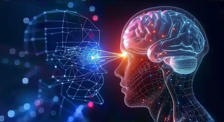 Artificial Intelligence Brain Concept.
Conceptual image of a human face with a digital brain, representing artificial intelligence and cognition.