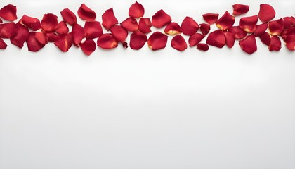Red petals lined up on the upper side of a white background, greetings card for valentine's day or weddings 