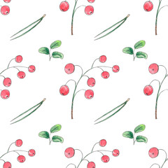 Seamless pattern with hand painted red circle berry and green leaves. Watercolor botanical illustration. Art for design wallpaper, textile
