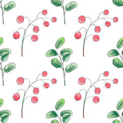 Seamless pattern with hand painted red circle berry and green leaves. Watercolor botanical illustration. Art for design wallpaper, textile