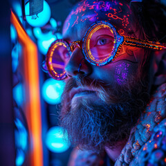 Bearded Man with Holographic Glasses.
Bearded man gazing with holographic glasses illuminated by blue neon lights, with tattooed skin.