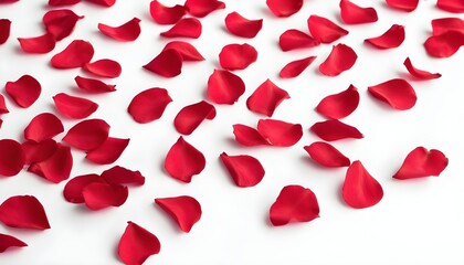 Multitude of red roses petals on white background 