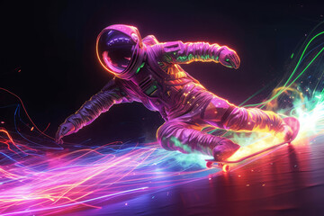 Astronaut Surfing Neon Energy in Space.
An astronaut riding cosmic energy waves with a dynamic neon trail in outer space.