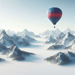 hot air balloon flying over snowy mountain, Romantic vacation, snowy mountains landscape, Concept of aerial tourism, globo aerostatico, Heißluftballon, воздушный шар, landscape mountain.
