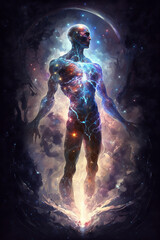 humanoid figure standing in outer space of stars with a glowing aura around him, in the style of detailed fantasy art, supernatural creature - obrazy, fototapety, plakaty