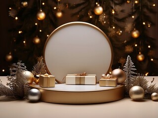 Christmas podiums with golden decorative stuff for product presentation