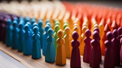 Colorful wooden figures standing in rows symbolizing diversity, unity, and inclusion within communities and teams in a social concept