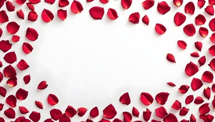 Valentines day background, red rose petals frame, white empty space for you to use