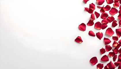 Red rose petals on left side of a white background, empty free space for use, greetings card for valentine's day or weddings cards