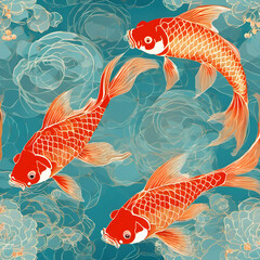 Illustration decorative red koi fish on a turquoise background Japanese abstract fish. Marine life. Sea and ocean 