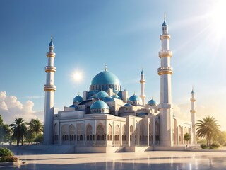 Fototapeta na wymiar The beautiful shiny mosque and with beautiful sun light, landmark Generative Ai