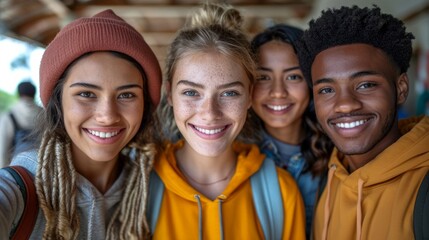 Fototapeta premium A group of young individuals posing together and capturing a self-portrait using a smartphone.