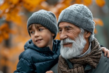 Fototapeta premium A heartwarming image of a grandfather and grandson walking together in a beautiful autumn landscape, enjoying each other's company and creating lasting memories.