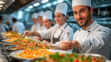 A group of chefs prepare a large number of dishes in a professional kitchen - obrazy, fototapety, plakaty