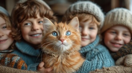 Smiling children embracing a cute cat. Joy and tenderness in every gesture