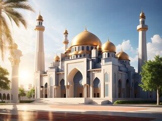 Fototapeta na wymiar The beautiful shiny mosque and with beautiful sun light, landmark Generative Ai