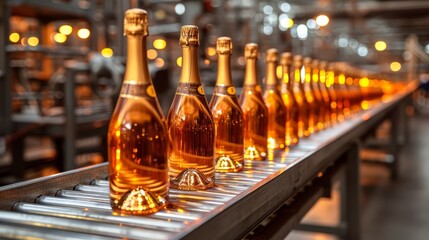 Alcoholic beverage production - champagne bottles on winery conveyor belt - obrazy, fototapety, plakaty