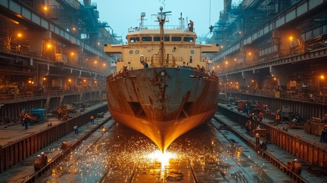 A large ship, illuminated against the dark sky, stands in a shipyard at night as workers perform maintenance and repairs.