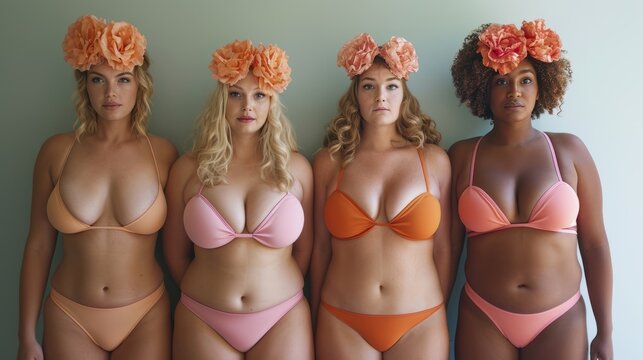A photograph of a group of women wearing bikinis standing next to each other.