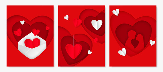 Happy Valentine's Day set of three card in paper cut style. Red hearts with couple silhouette, envelopes and hearts. EPS 10.	