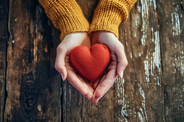 Two hands hold a red heart against an aged wooden backdrop