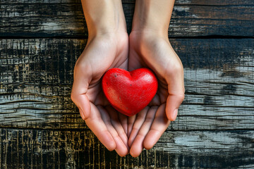 A pair of hands holding a heart against a backdrop of weathered wooden planks