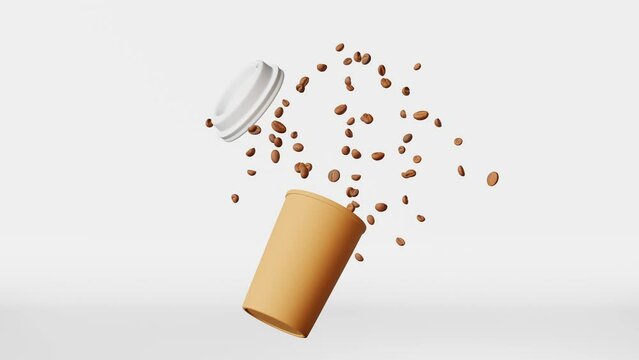 Coffee explosion 3D animation Floating paper coffee cup white lid flying beans. Coffee to go shop levitating Hot drink sale Product design mockup Flying latte branding advertising motion. Social media