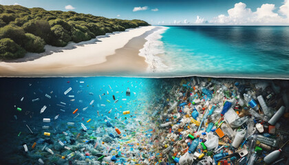 Environmental Contrast: Clean Beach and Plastic Pollution