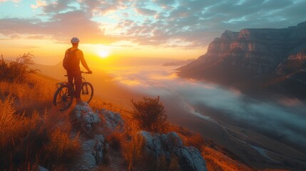 Obraz premium Man Riding Bike on Mountain Peak