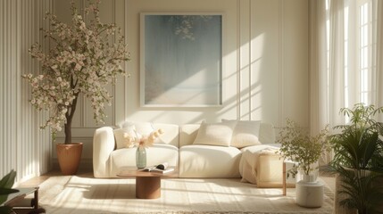 Fototapeta na wymiar A tranquil living room bathed in sunlight with reeded glass decor and spring blossoms