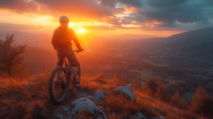 Obraz premium Man Riding Bike Atop Mountain