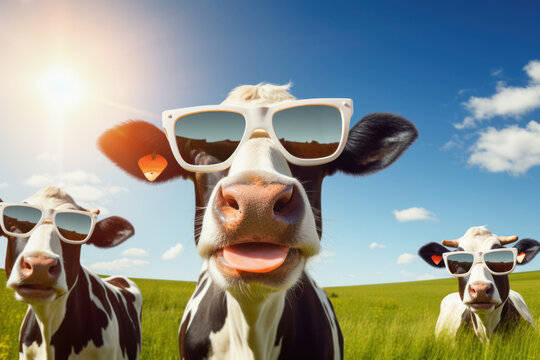 Funny cows wearing in sunglasses in a field.	
