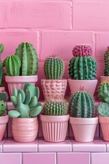 A variety of cacti potted in pink containers displayed on a pink tiled shelf