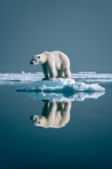 Solitary polar bear on a small ice floe reflecting in the arctic waters