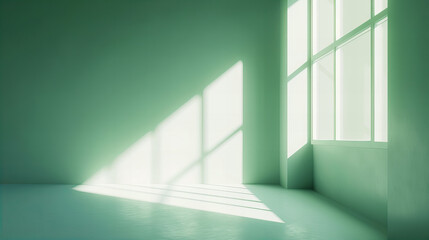green room with light coming in through windows, in the style of minimalistic surrealism, soft color blending,