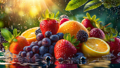 Dojrzałe owoce lata w kroplach deszczu. Generative AI