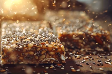 Fotobehang Close-up of homemade energy bars with chia seeds, nuts, and honey, focusing on the texture and nutritious ingredients © artem