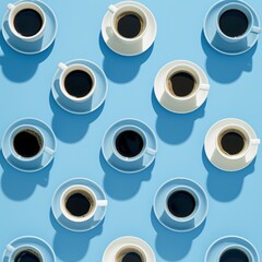 Overhead view of white coffee cups on a vivid blue backdrop