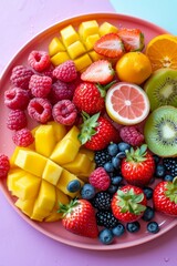 Vibrant selection of fresh fruits artfully arranged on a pink dish