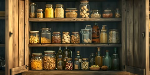 Rustic kitchen pantry shelves stocked with various preserved foods in jars. home canning essentials. vintage preservation scene. homesteading lifestyle. perfect for culinary backgrounds. AI - obrazy, fototapety, plakaty