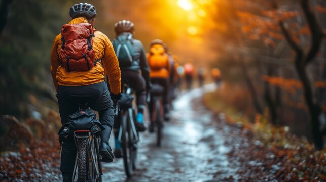 Group of People Riding Bikes Down a Wet Road