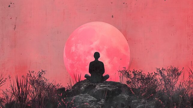 Silhouette of a person meditating under a large pink moon in a surreal landscape
