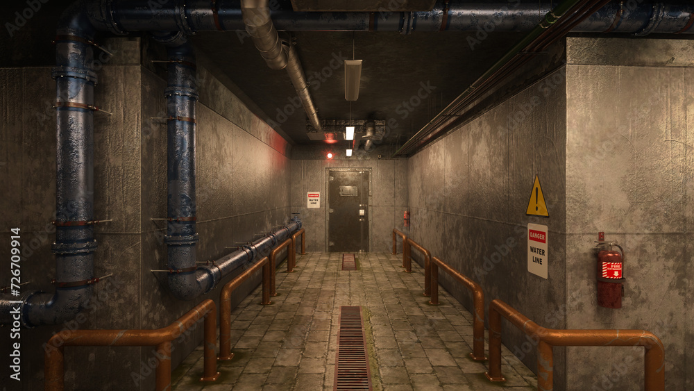 Aufkleber dark grungy basement corridor in an industrial building with pipes along the wall. 3d rendering..