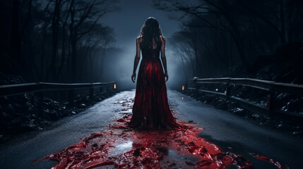 Scary scene of woman in red dress stained with blood on a wet walkway looking horrified and bloody road	